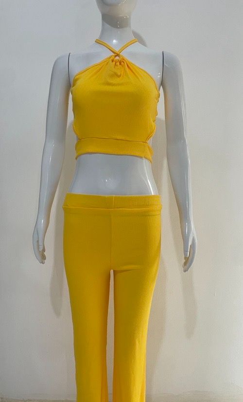 Suspenders pleated slim fit two-piece set Spice girl pleated suspenders, slacks set solid color knitted split top + bootcut slim turned-up trousers