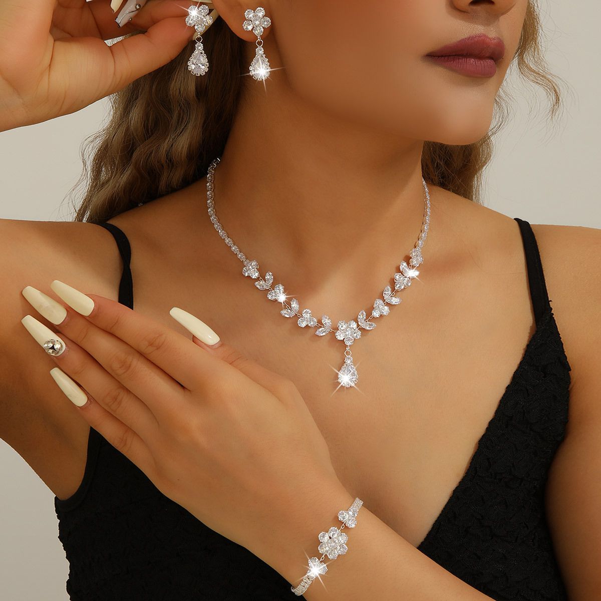 Elegant Floral Teardrop Zircon 3Pcs Jewelry Set Including Necklace Earrings Bracelet, Multi Color Inlaid Crystal Adjustable Chain Formal Ornaments, Luxury Sparkling Bridal Wedding Evening Banquet Prom Dress Matching Accessories, Glamorous Gift Jewelry for Women Ladies
