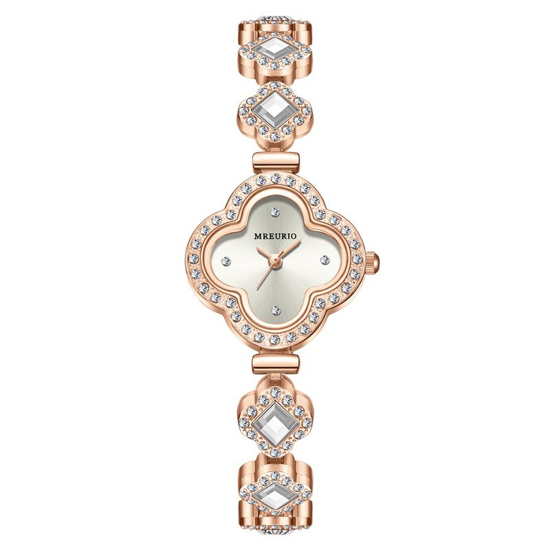 Best Wrist Watches For Ladies  Four-Leaf Clover Bracelet, Versatile, Luxurious, Green Gem-Set Diamond Compact WatchWhite