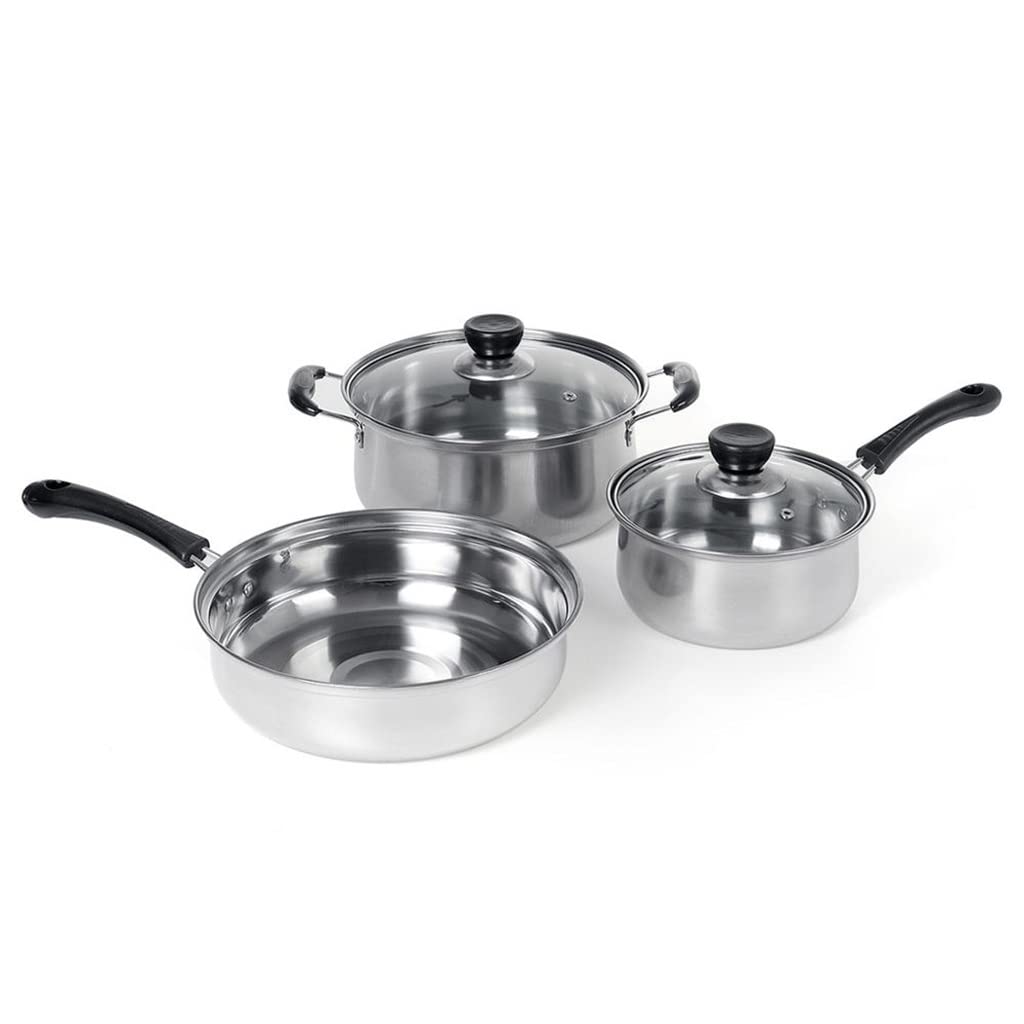 5pcs Stainless Steel Pans Stock Pot With Lid + Milk Pot With Lid + Frying Pan