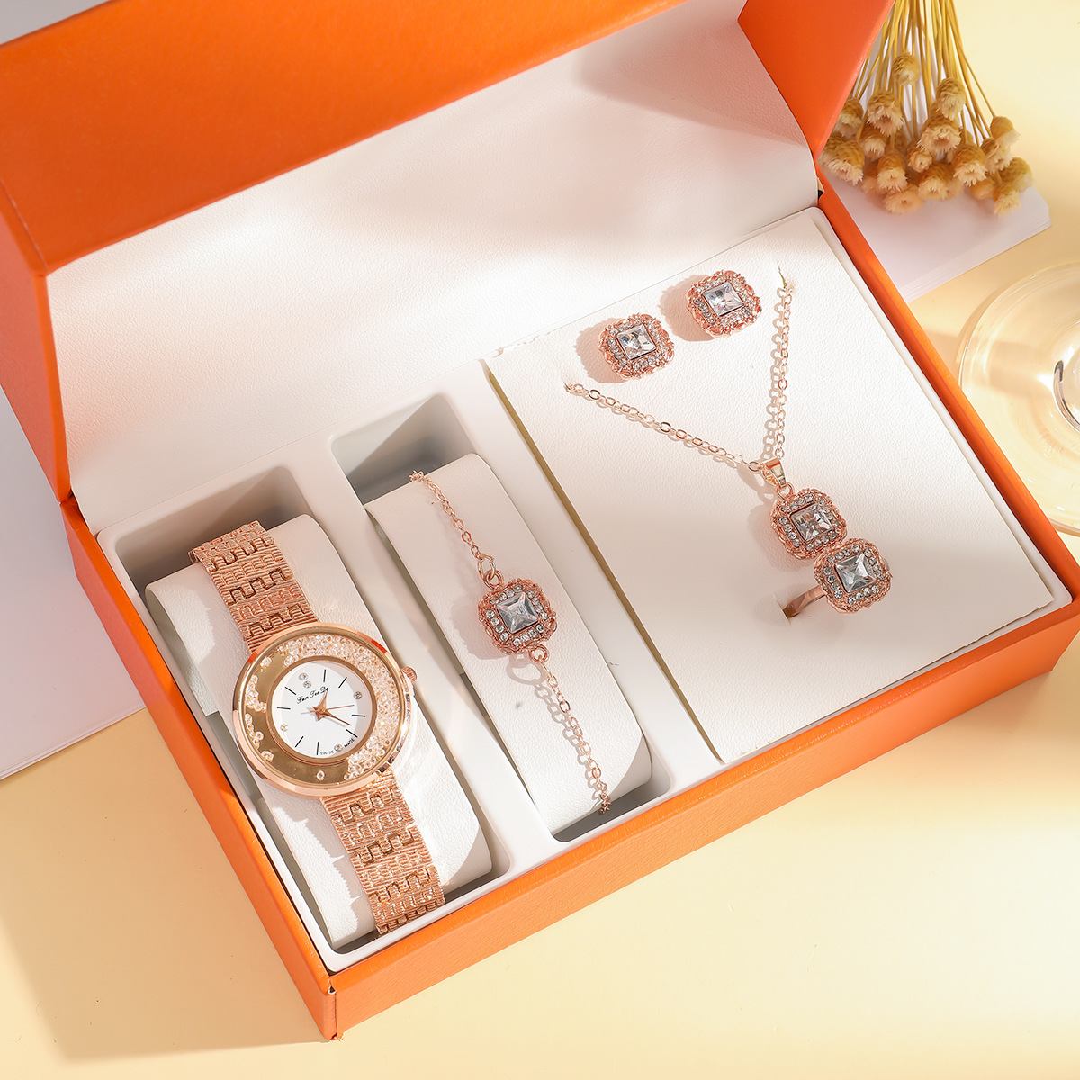 6pieces Set Ladies Wrist Watch + Bracelets+ Necklace+Ring+Earrings