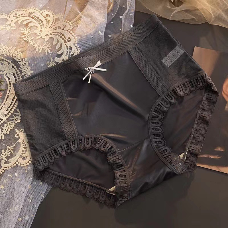 women's satin panties high-rise lace-trimmed design sexy girl briefs 3pcs set