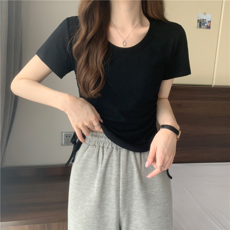 420 Women's Loose Crewneck Drawstring Slim Short Sleeve T-shirt