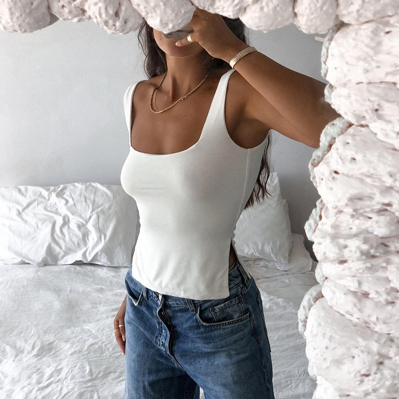 K22B12932 Womens Sexy Low Cut Square Neck Tank Top Casual Thick Strap Summer Slit Solid Top
