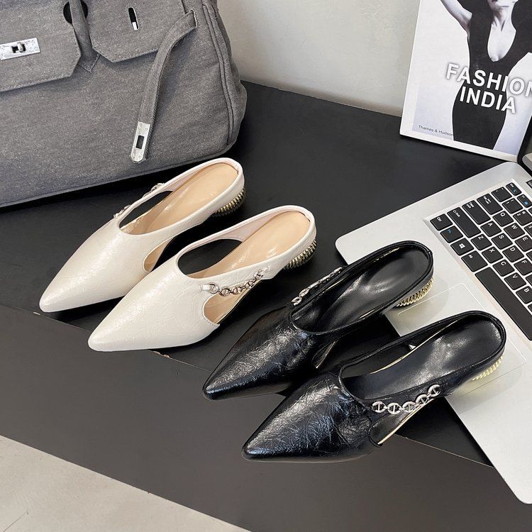 High-heeled women 2025 summer new pointy half bag thick heel sandals female bag head low heel shallow mouth all build slippers