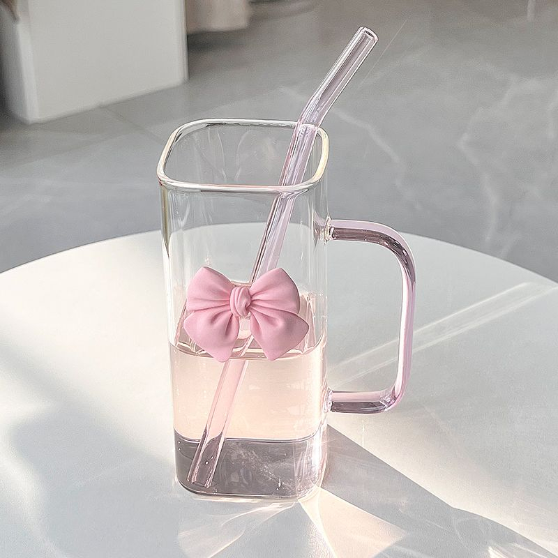 Square glass cup with handle, household simple ins, high beauty straw water cup, female high-temperature resistant flat bottom