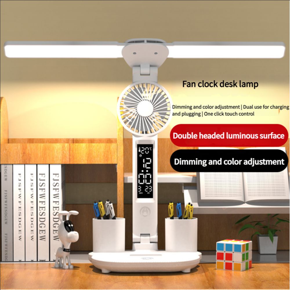 LED Desk Lamp with Fan Desk Lamp for College Dorm Room Desk Lamp with USB Charging Port Adjustable and Dimming LED Four-Head Desk Light with Clock Date Pen Holders Temperature