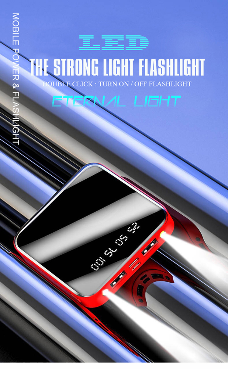 Multi Functional Portable Mobile Power Supply, Power Bank, High Speed Charging ( Square, full mirror screen, Flashlight + Dual USB, Integrated compression type high capacity battery pack) (Red / Blue)