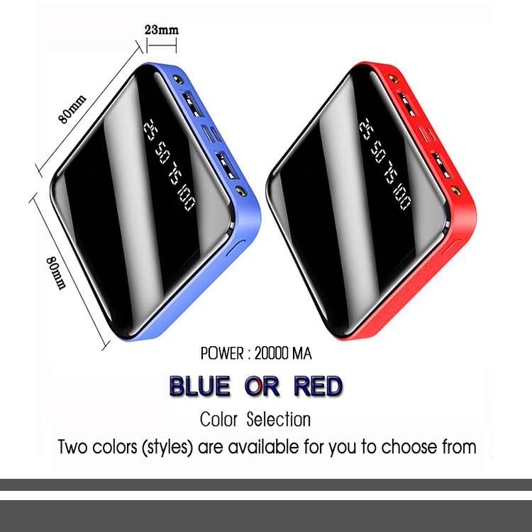 Multi Functional Portable Mobile Power Supply, Power Bank, High Speed Charging ( Square, full mirror screen, Flashlight + Dual USB, Integrated compression type high capacity battery pack) (Red / Blue)