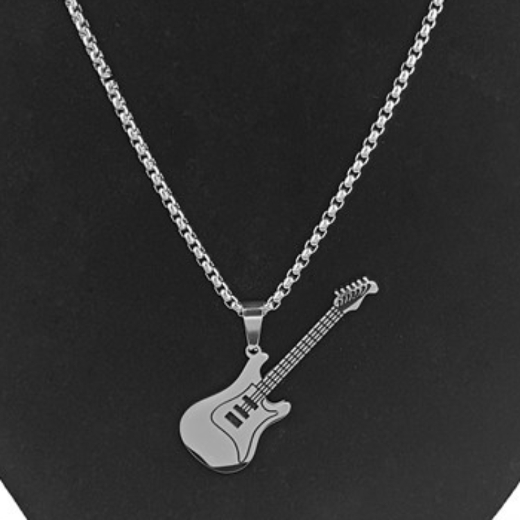 Guitar pendant necklace Europe and America male Titanium steel music Personality pendant Trendy man Metal instruments necklace CRRSHOP men Steel color Non fading necklace