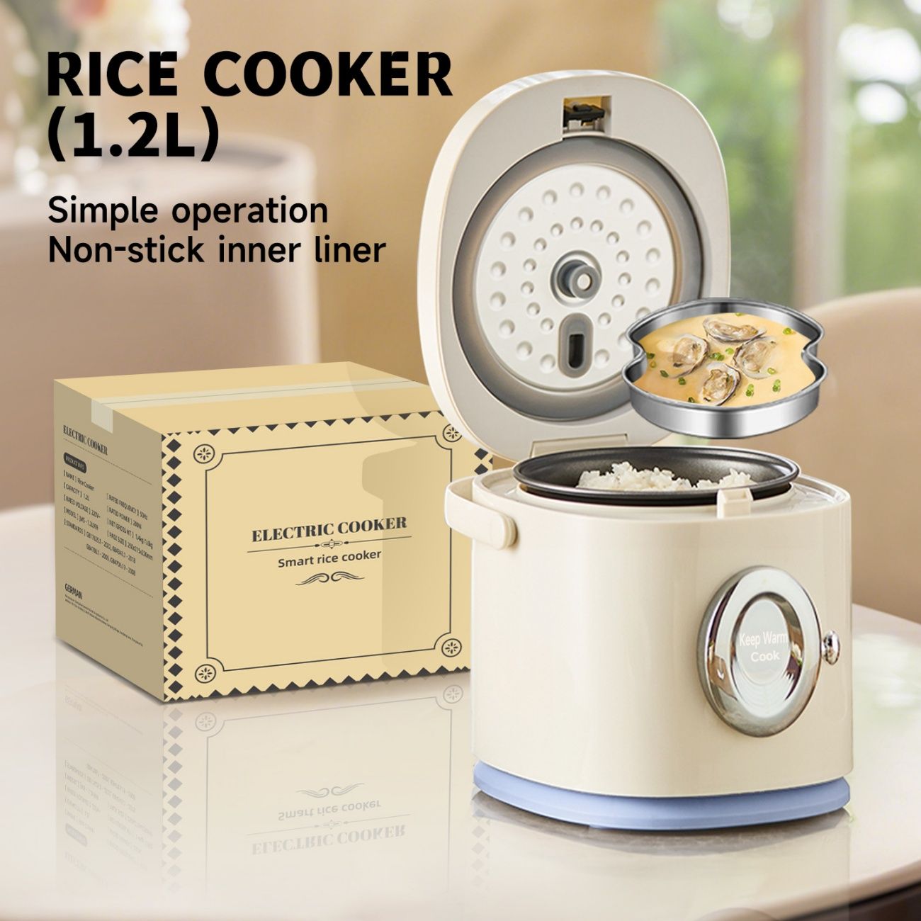 - 1.2L Mini Small Rice Cooker, High Aesthetic Design, Non-Stick BPA-Free, One-Touch Operation, Keep Warm Function, Portable for 1-2 People Home Office Dorm