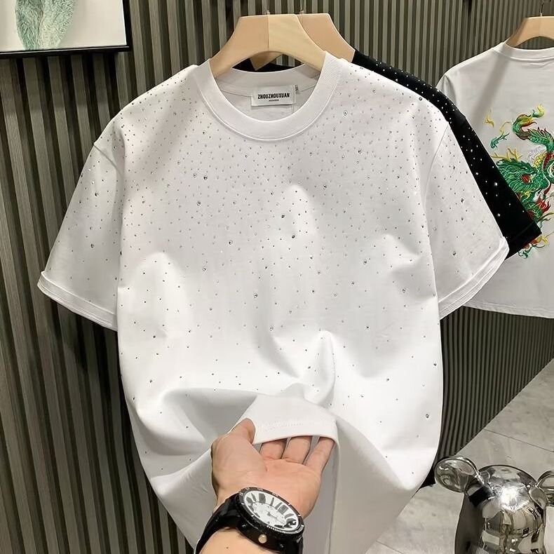 Men's Summer Fashion Luxury Star Rhinestone Short Sleeve T-Shirt Trendy Streetwear Crew Neck Slim Fit Casual Tee