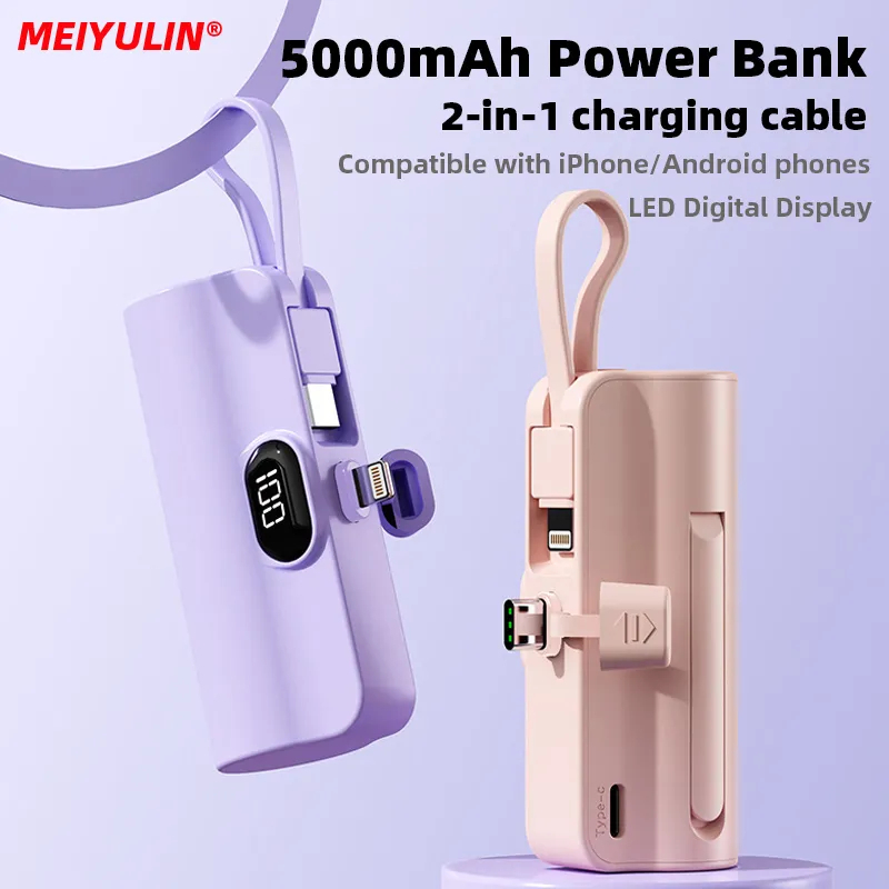 5000mAh Power Bank Built-in USB C Cable Portable External Spare Battery Powerbank Charger For iPhone 14 Samsung Xiaomi