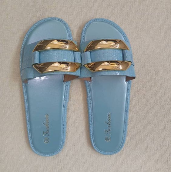 Asian Style Sandals For Women Peep Toe PVC Beach Casual Wedges Shoes Ladies Flat Sandals NEW Fashion Trend upper chain decoration slippers shiny flat slippers for women shoes-BLUE