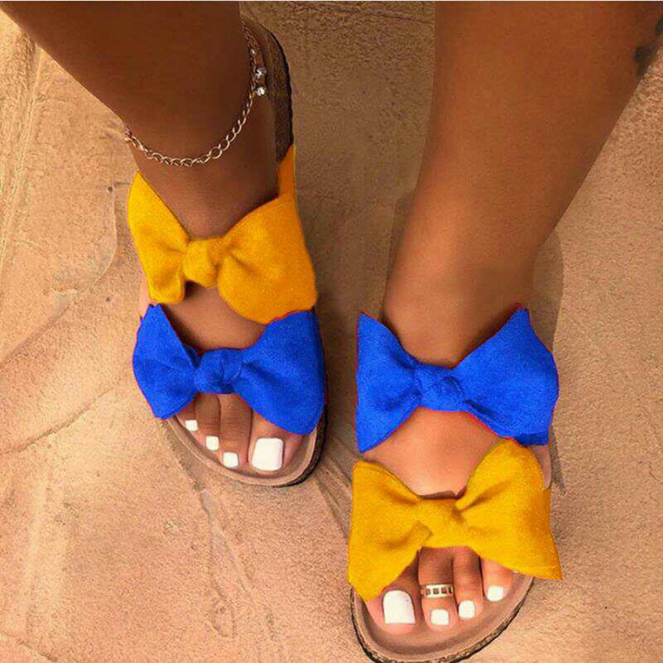 sm6698 Womens Flat Slide Sandals Open Toe Double Bowknots Espadrille Slip On Comfortable Cork Sandals