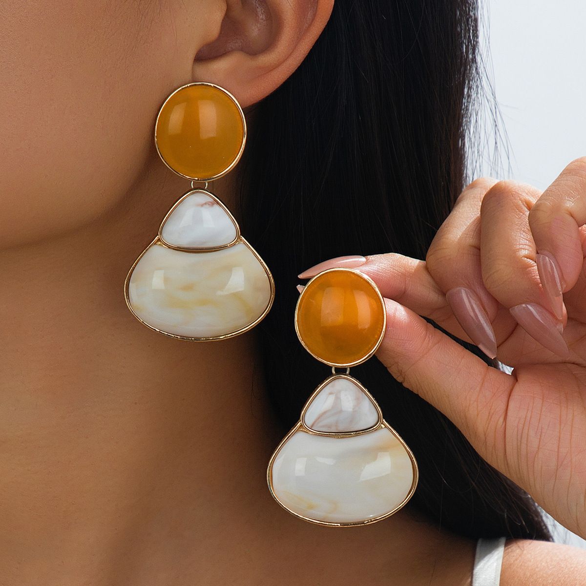 Vintage French Style Geometric Drop Earrings, 7cm Long Gold Plated with Marbled Resin Stones, Elegant Statement Earrings for Women, Lightweight Daily Wear
