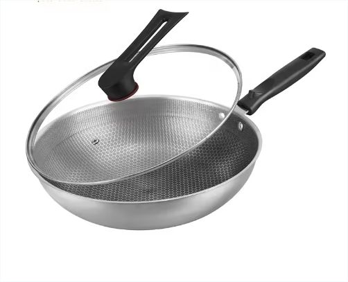 DISSINI REGINA OR-S001 Honeycomb Coating nonstick Stainless Steel Frying Pan Wok with Glass Lid