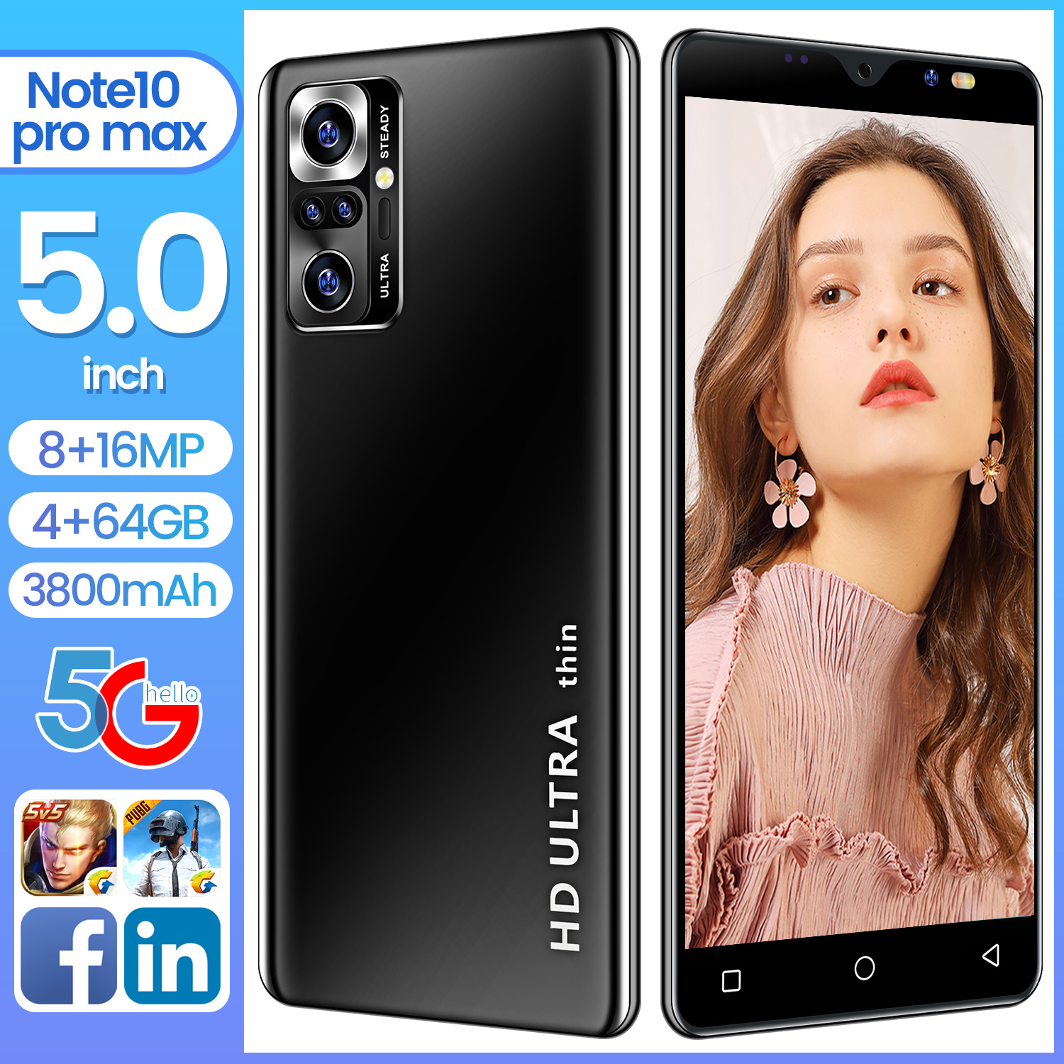 Note10 Android smartphone 5.0 inch high definition screen 3800mAh face recognition HD camera dual card android10.0 4 + 64GB
