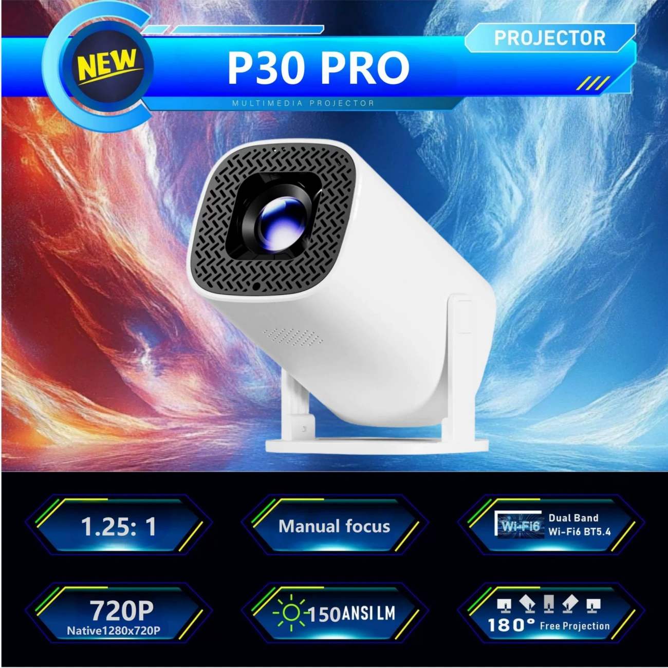 New P30 Pro Portable Mini Home Projector, Wireless Screen Mirroring Android 4K Supported Cylinder Projector
