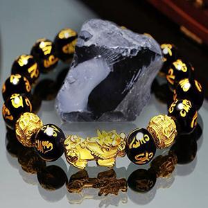 【Ghana shipment】Feng Shui Bracelet The Best 12mm Black Hand Carved Mantra Bead Bracelet with Golden Pi Xiu/Pi Yao Lucky Wealthy Amulet Brecelet