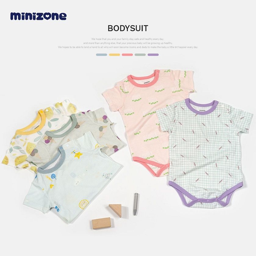 Minizone 70% Viscose 30% Cotton Baby Bodysuits, Soft Short Sleeve Onesies with Snap Closure, Breathable Printed Rompers, Multi-Color Options, Sizes 66-90cm for Newborns & Infants