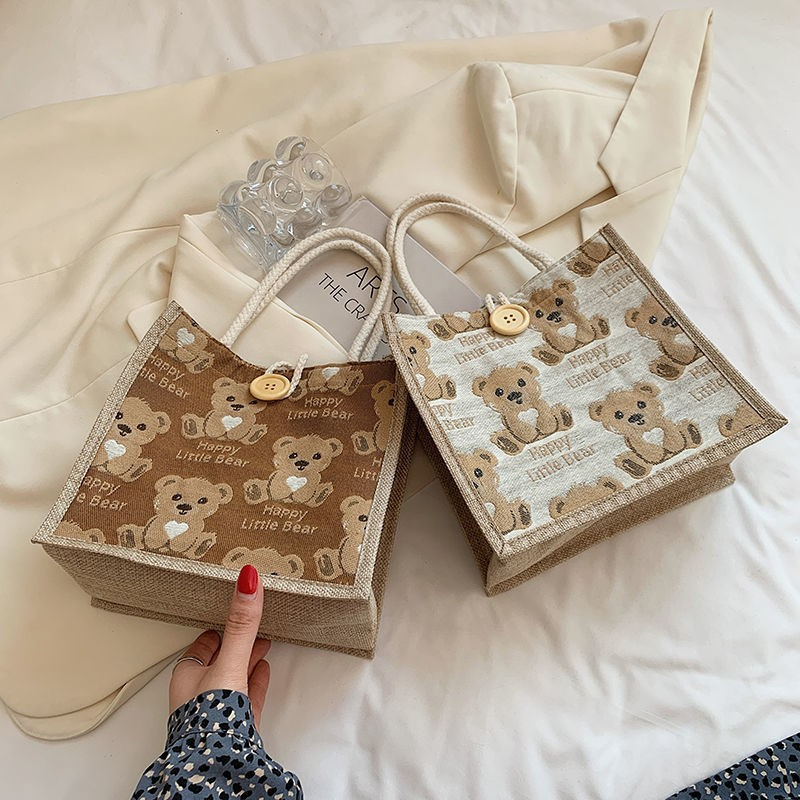 Cute Bear Pattern  Lunch Bag Flax Girl Student Handbag Outdoor Handbag Casual Lunch Bag Underarm bag
