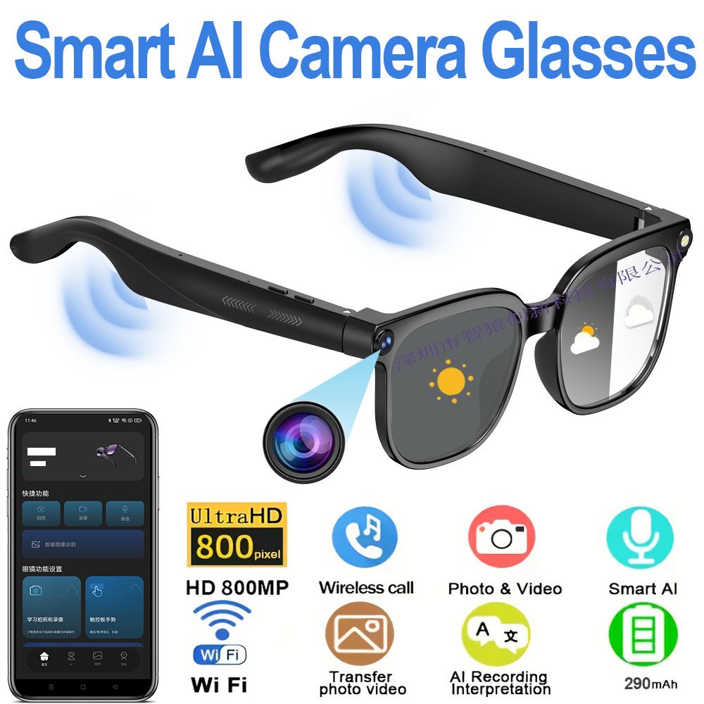 800W Pixel Smart Glasses HD Photo Video Recording AI Simultaneous Interpretation Wireless Bluetooth Calling Wearable Glasses