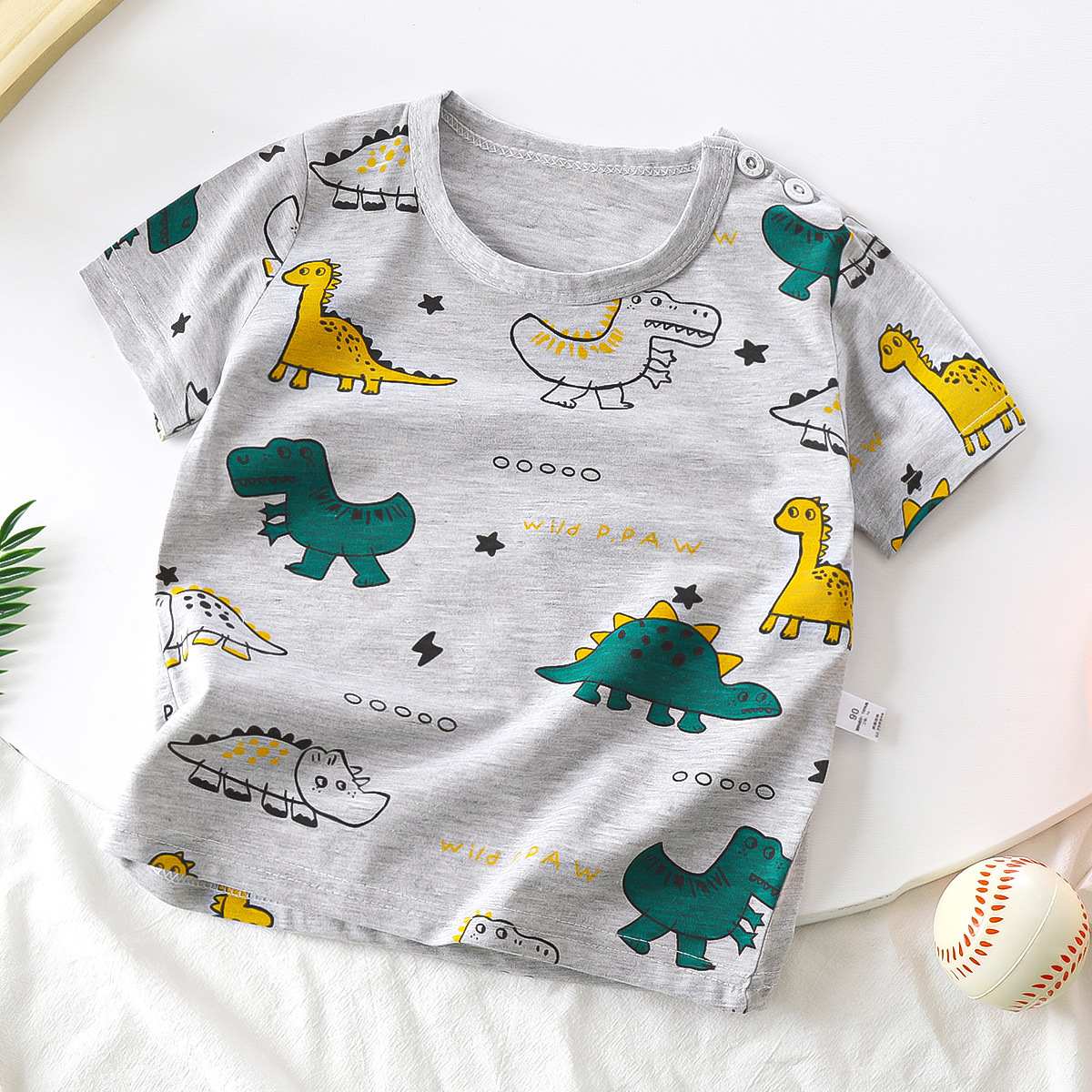 Baby Summer T-Shirt, Cute Cartoon Dinosaur Print Short Sleeve Tee, Breathable Cotton Casual Tops for Toddler Kids, Sizes 73-130cm, Single Pack, Soft Daily Shirts for Boys 