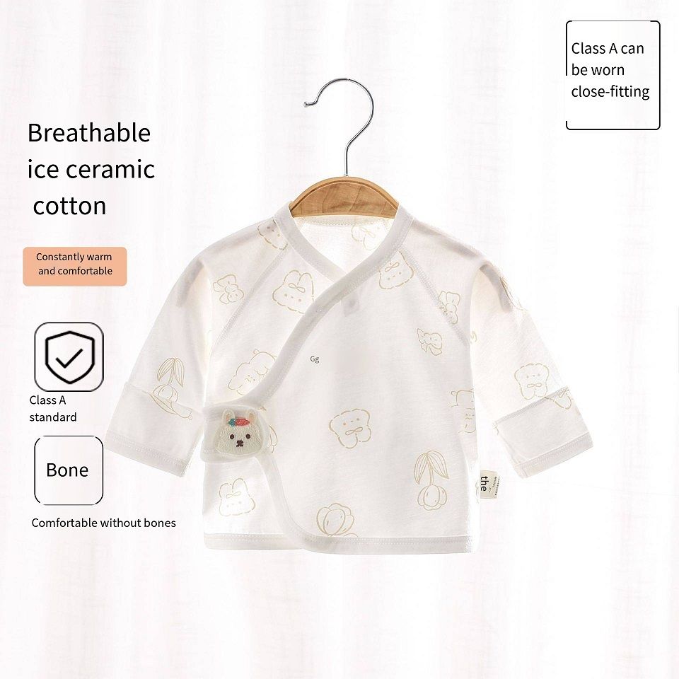 Newborn Ice Ceramic Cotton Kimono Top, No Bone Stitching Baby Half-Back Shirt, Breathable Wrap-Around Top with Magic Tape, Double Belly Protection, 52-59cm