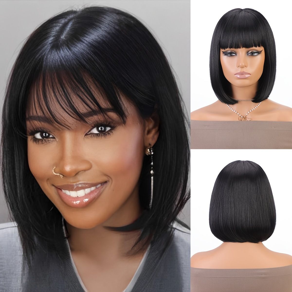 Women Synthetic Full Wig, Mixed‑Color Short Straight Bob Wig with Bangs, Inner Buckle Hairstyle, Fashion Ladies Hair Wig with Flat Fringe for Daily Party Makeup
