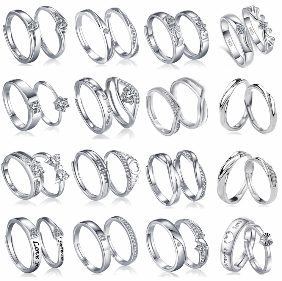 TL-095 925 Sterling Silver Couple Rings, Opening Adjustable Eternity Promise Engagement Wedding Statement Rings Simple Jewelry Gifts for Women Girls Men BFF