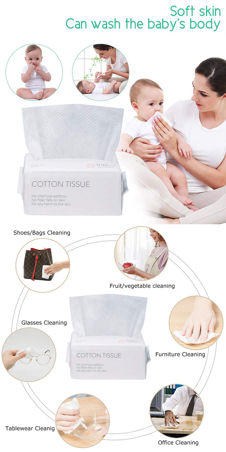 Disposable Face Towel, Facial Eye Nail Make up Removing Cotton Tissue, Multipurpose Cotton Towel Tissue for Skin Care, Reusable Cotton Pads, Wet & Dry Use