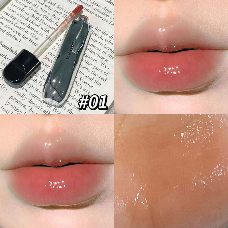 PinkyFocus Black Yaoyue Light Mirror Lip Glaze Korean Pure Want to Show Tender and Moisturizing Hydrating Glass Dudu Lip Lipstick01 #Ice Oolong