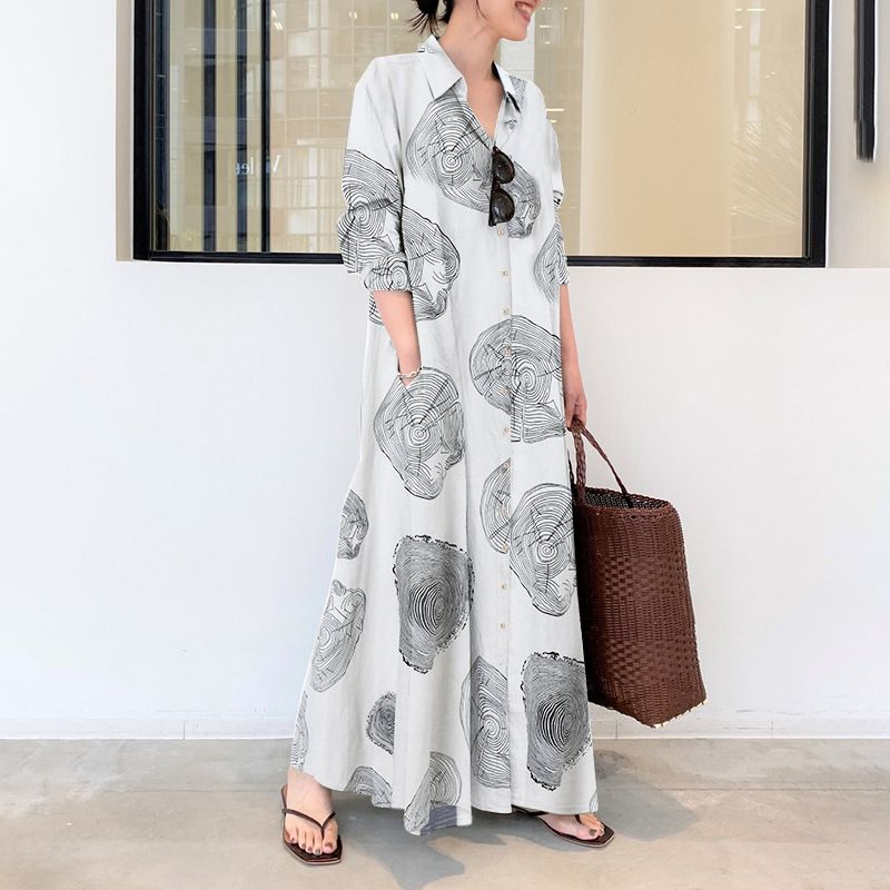 plus size women's clothing Muslim cotton and linen printed long-sleeved simple, loose and casual long shirt.white