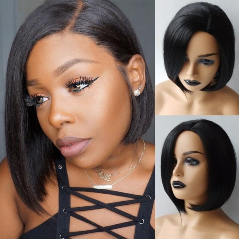 13.8 inches Wigs Short straight hair, fashionable side split, bobo head, synthetic fiber full head cover CRRSHOP 35 cm Black straight wig