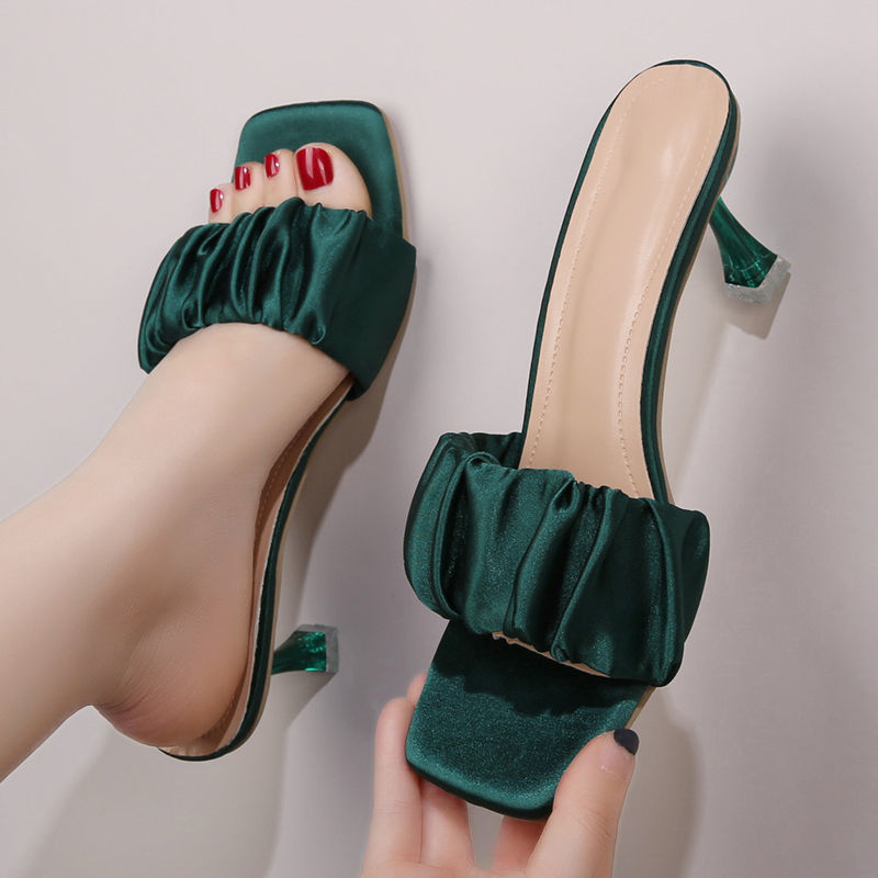 Women Summer Casual New Pleated Strap Stiletto High Heel Sandals Slipper Square Toe Ruffle Open Toe Slipper