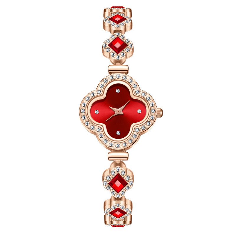 Women's watch with rose gold and diamond red dial four-leaf clover Bracelet watch; Fashion bracelet design