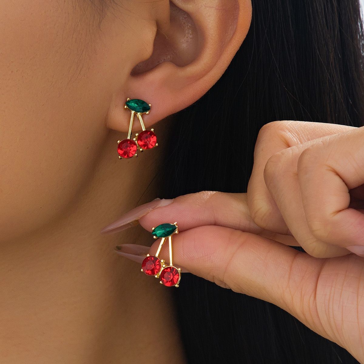 Adorable Crystal Cherry Stud Earrings, Gold Plated with Red & Green Stones, Cute 2-in-1 Design, Lightweight Statement Jewelry for Daily & Party Wear
