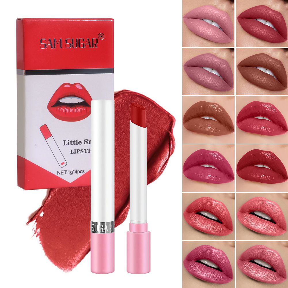 4 Pcs Cigarette Shape Lipstick Set, Matte & Glow Dual Finish Lipstick, Long Lasting Waterproof Non-Stick Cup Lip Stick, Highly Pigmented Mini Lipstick Kit for Daily Makeup, Party & Travel
