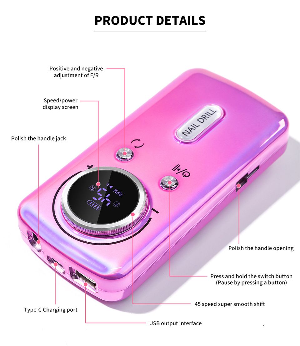 DMJ-V1 45000RPM Professional Rechargeable Electric Nail Drill Machine Portable Cordless Nail File For Acrylic Gel Nails Remove