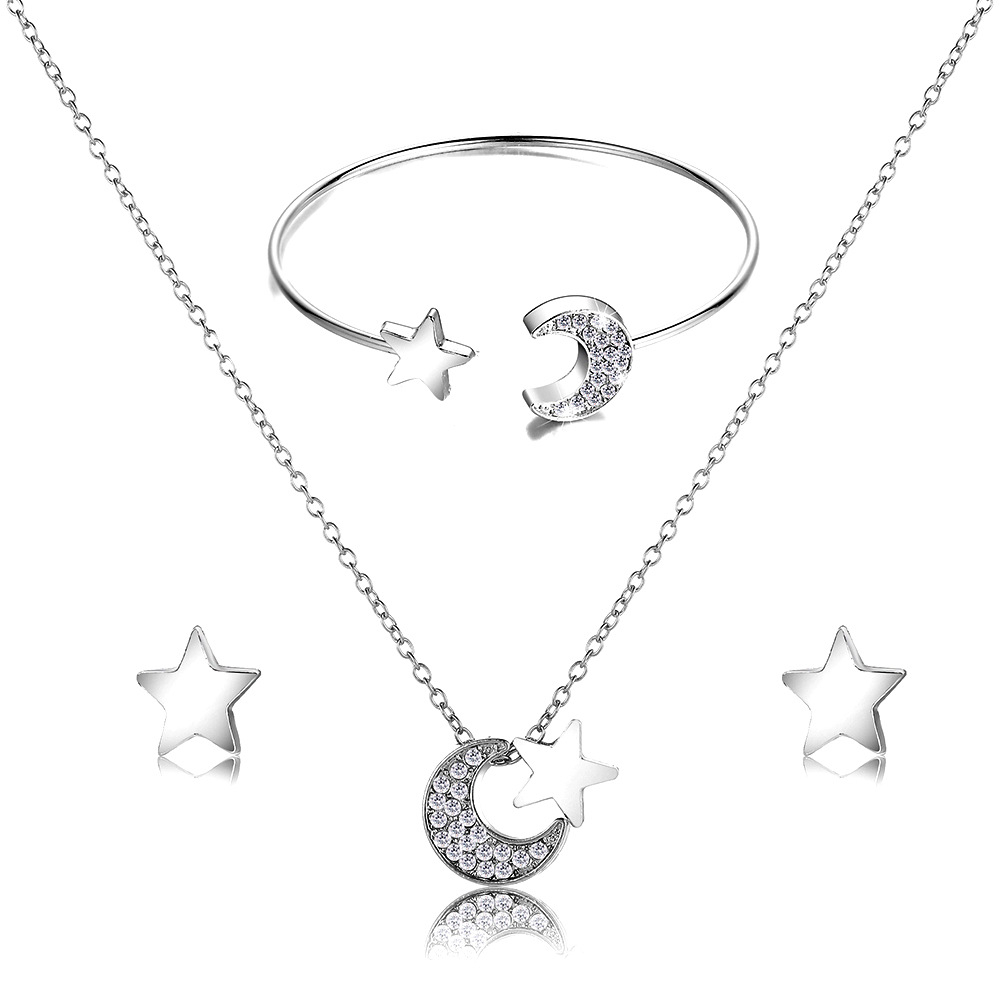 NJ049 3PCS Fashion Crystal Rhinestone Moon Star Earrings Pendant Necklace Bracelet Set Wedding Party Jewelry Sets For Women
