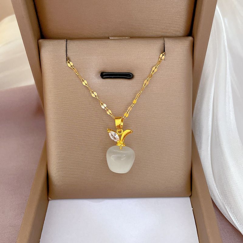 Light Luxury Apple Shape Cat Eye Pendant Necklace For Women, Micro Pave Zircon Leaf Decor Clavicle Chain, Niche Elegant Fashion Jewelry Gift For Daily Dating Casual Party Wear
