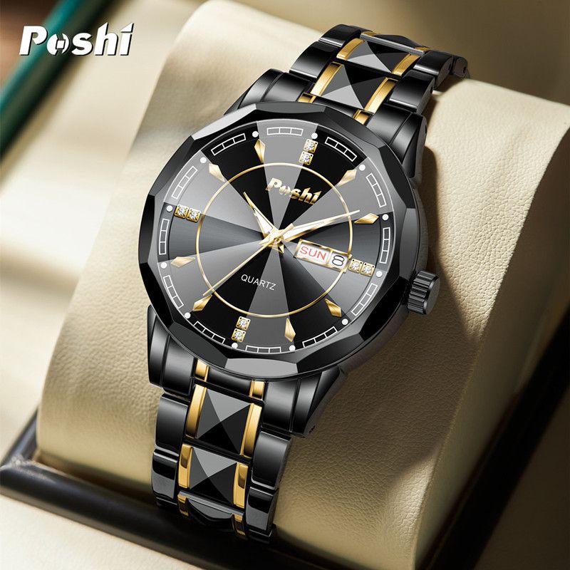 New Trendy Business Men Quartz Wrist Watch, Stainless Steel Metal Band, Daily Life Water‑Resistant Timepiece, Elegant Analog Quartz Watch for Business Office Dating Daily Men Wear