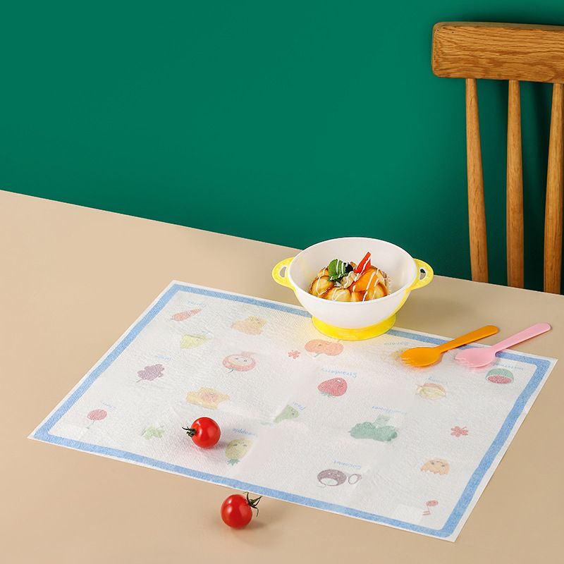 A pack Muchen children's disposable dining mats, waterproof and oil-proof, no need to wash, portable tablecloth cartoon fruit pattern.