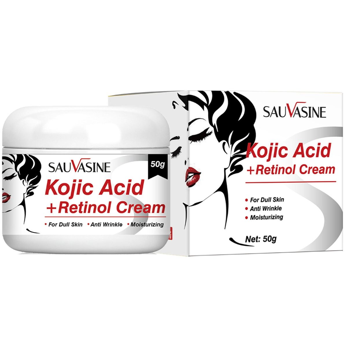 Sauvasine Kojic Acid + Retinol Cream - Anti-Wrinkle Moisturizer for Dull Skin"