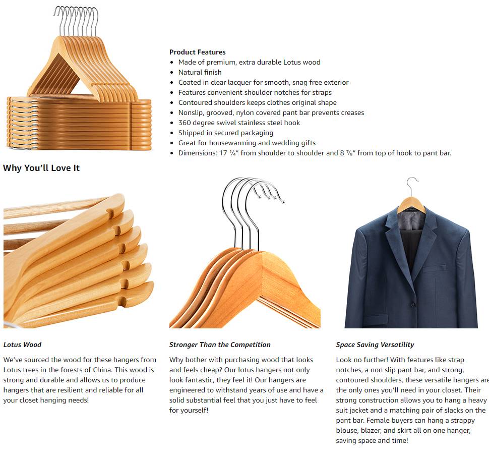 High-Grade Wooden Suit Hangers - Smooth Finish Solid Wood Coat Hanger with Non Slip Pants Bar, 360 Swivel Hook and Precisely Cut Notches for Camisole, Jacket, Pant, Dress Clothes Hanger
