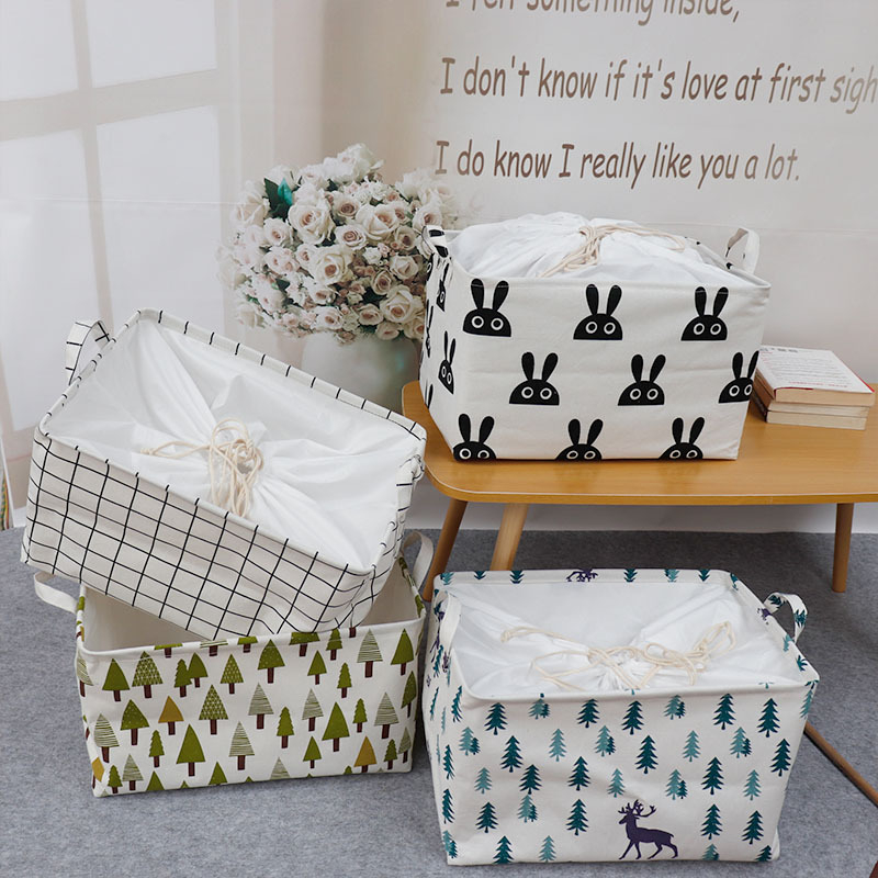 Large long bundle mouth fabric toy storage basket dustproof moisture-proof folding clothes quilt cotton linen organizing storage box box
