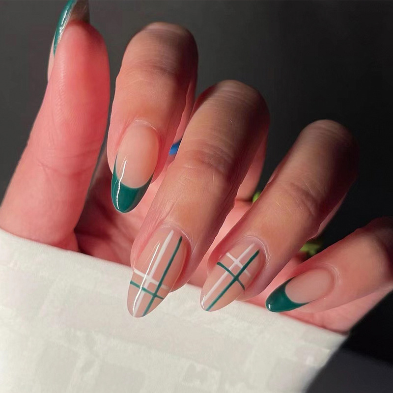JP1781 24 Pcs Glossy Press on Nails, Medium Stiletto French Line Pattern Fake Nails, Acrylics Full Cover False Nails for Women and Girls
