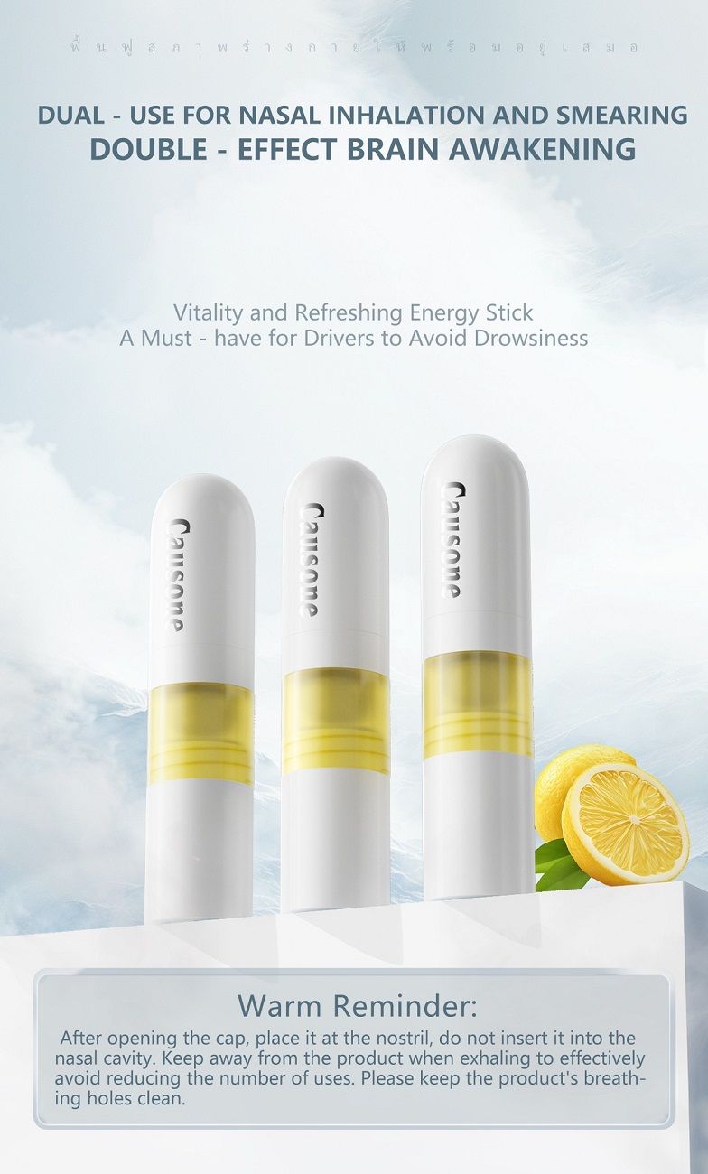 CAUSONE Thai Double-ended Nasal Inhaler, Lemon Mint Scent Eight Immortals Stick with Massage Roller Ball, Dual Use Aromatherapy Nasal Stick for Refreshing and Mind Boosting
