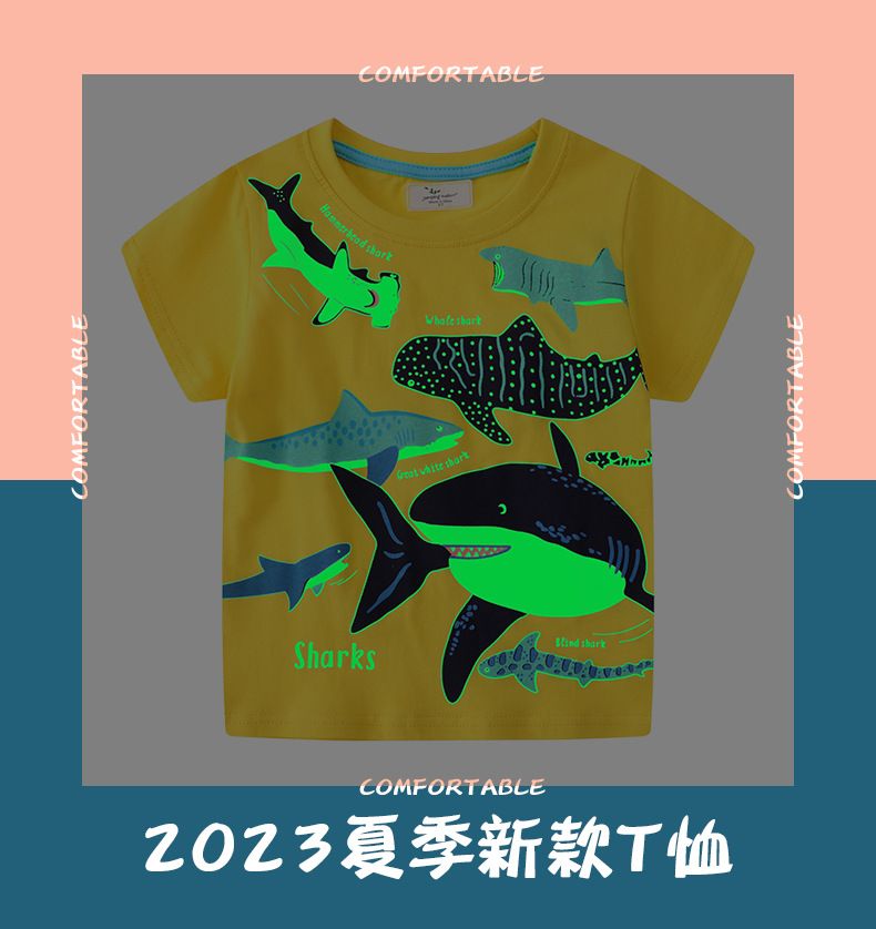 Children glow-in-the-dark shark pattern 2024 summer new short-sleeved top children's T-shirt 67192